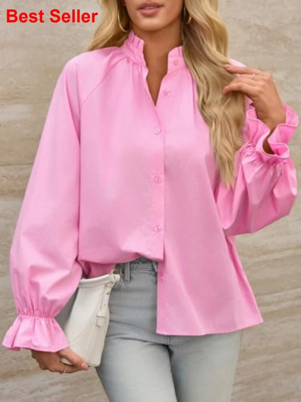 Cotton Puff Sleeve Button Down Blouse Loose Fit V Neck Casual Top - Picture 6 of 7